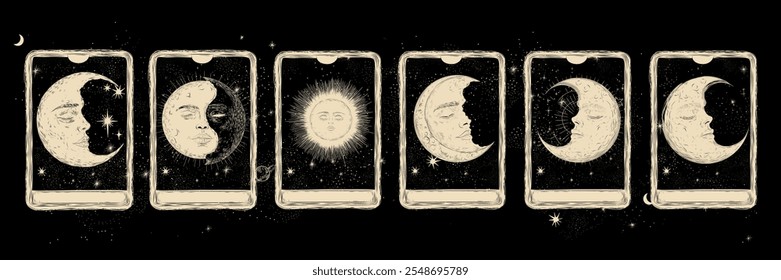 Vector illustration set of moon phases. Different stages of moonlight activity in vintage engraving style. Zodiac Signs	