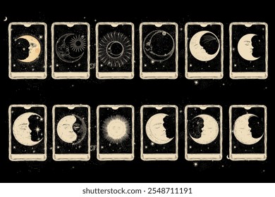 Vector illustration set of moon phases. Different stages of moonlight activity in vintage engraving style. Zodiac Signs	