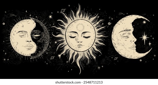 Vector illustration set of moon phases. Different stages of moonlight activity in vintage engraving style. Zodiac Signs	