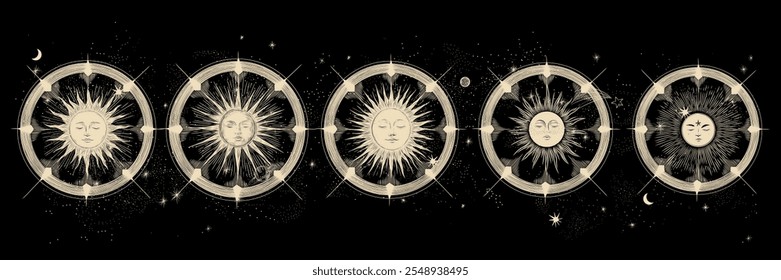 Conjunto de ilustrações vetoriais das fases da lua. Diferentes estágios de atividade luar no estilo de gravura vintage. Sinais do Zodíaco	
