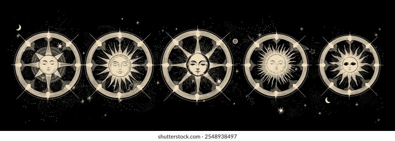 Vector illustration set of moon phases. Different stages of moonlight activity in vintage engraving style. Zodiac Signs	
