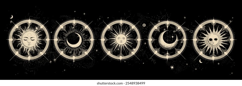 Vector illustration set of moon phases. Different stages of moonlight activity in vintage engraving style. Zodiac Signs	
