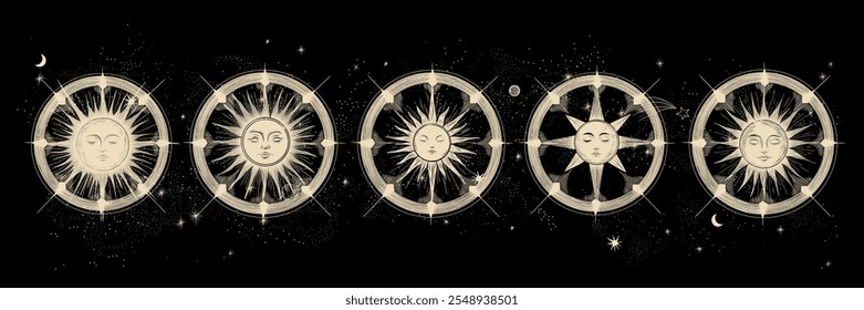 Conjunto de ilustrações vetoriais das fases da lua. Diferentes estágios de atividade luar no estilo de gravura vintage. Sinais do Zodíaco	
