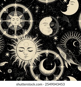 Vector illustration set of moon phases. Different stages of moonlight activity in vintage engraving style. Zodiac Signs	