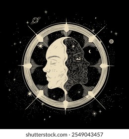 Vector illustration set of moon phases. Different stages of moonlight activity in vintage engraving style. Zodiac Signs	