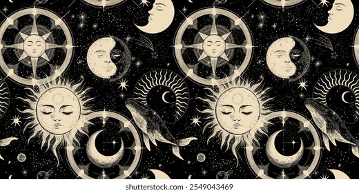 Vector illustration set of moon phases. Different stages of moonlight activity in vintage engraving style. Zodiac Signs	