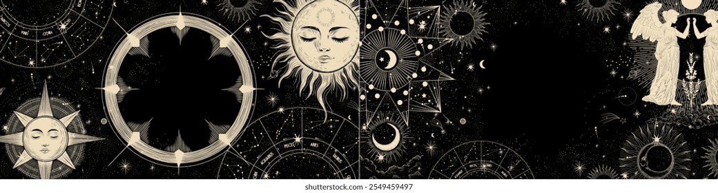 Vector illustration set of moon phases. Different stages of moonlight activity in vintage engraving style. Zodiac Signs	
