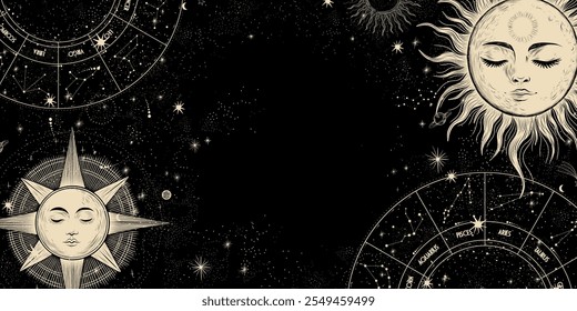 Vector illustration set of moon phases. Different stages of moonlight activity in vintage engraving style. Zodiac Signs	
