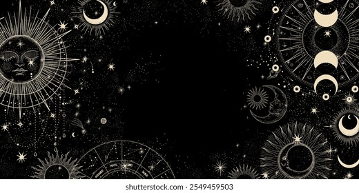 Vector illustration set of moon phases. Different stages of moonlight activity in vintage engraving style. Zodiac Signs	
