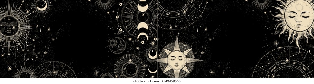 Vector illustration set of moon phases. Different stages of moonlight activity in vintage engraving style. Zodiac Signs	
