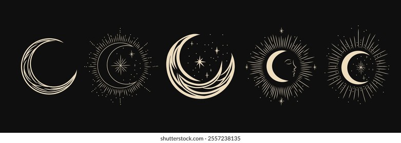 Vector illustration set of moon phases. Different stages of moonlight activity in vintage engraving style. Zodiac Signs	