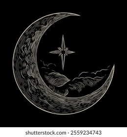 Vector illustration set of moon phases. Different stages of moonlight activity in vintage engraving style. Zodiac Signs	