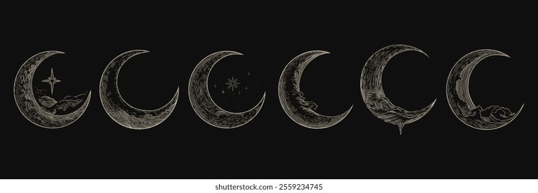 Vector illustration set of moon phases. Different stages of moonlight activity in vintage engraving style. Zodiac Signs	