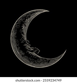 Vector illustration set of moon phases. Different stages of moonlight activity in vintage engraving style. Zodiac Signs	