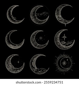 Vector illustration set of moon phases. Different stages of moonlight activity in vintage engraving style. Zodiac Signs	