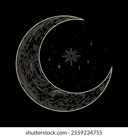 Vector illustration set of moon phases. Different stages of moonlight activity in vintage engraving style. Zodiac Signs	