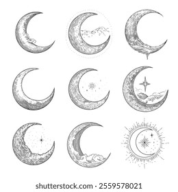 Vector illustration set of moon phases. Different stages of moonlight activity in vintage engraving style. Zodiac Signs	