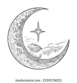 Vector illustration set of moon phases. Different stages of moonlight activity in vintage engraving style. Zodiac Signs	