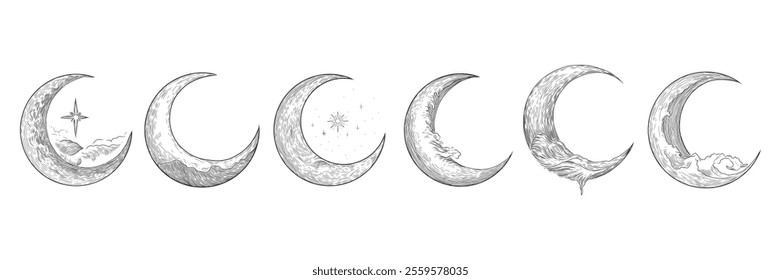 Vector illustration set of moon phases. Different stages of moonlight activity in vintage engraving style. Zodiac Signs	