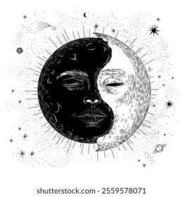 Vector illustration set of moon phases. Different stages of moonlight activity in vintage engraving style. Zodiac Signs	