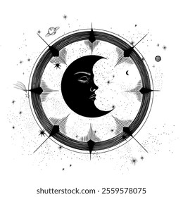 Vector illustration set of moon phases. Different stages of moonlight activity in vintage engraving style. Zodiac Signs	