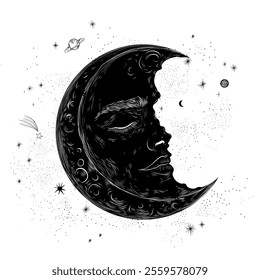 Vector illustration set of moon phases. Different stages of moonlight activity in vintage engraving style. Zodiac Signs	