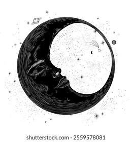 Vector illustration set of moon phases. Different stages of moonlight activity in vintage engraving style. Zodiac Signs	