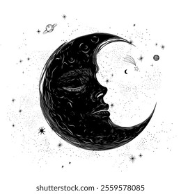 Vector illustration set of moon phases. Different stages of moonlight activity in vintage engraving style. Zodiac Signs	