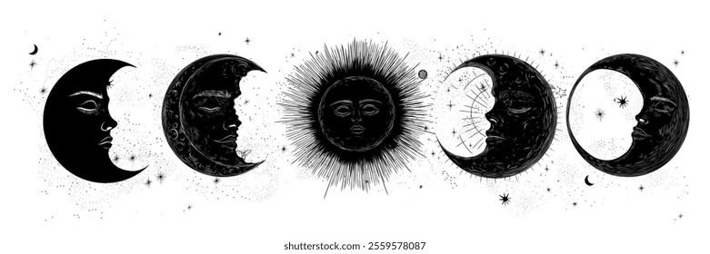 Vector illustration set of moon phases. Different stages of moonlight activity in vintage engraving style. Zodiac Signs	