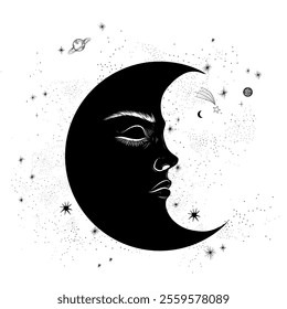 Vector illustration set of moon phases. Different stages of moonlight activity in vintage engraving style. Zodiac Signs	