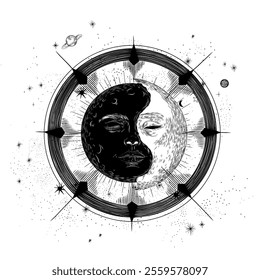 Vector illustration set of moon phases. Different stages of moonlight activity in vintage engraving style. Zodiac Signs	