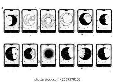 Vector illustration set of moon phases. Different stages of moonlight activity in vintage engraving style. Zodiac Signs	