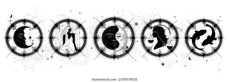 Vector illustration set of moon phases. Different stages of moonlight activity in vintage engraving style. Zodiac Signs	