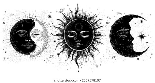 Vector illustration set of moon phases. Different stages of moonlight activity in vintage engraving style. Zodiac Signs	