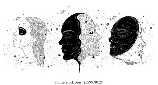 Vector illustration set of moon phases. Different stages of moonlight activity in vintage engraving style. Zodiac Signs	