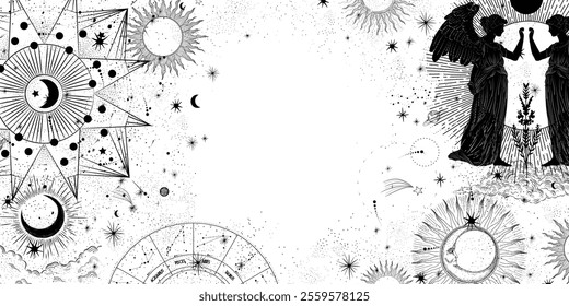 Vector illustration set of moon phases. Different stages of moonlight activity in vintage engraving style. Zodiac Signs	