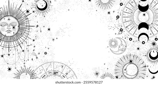 Vector illustration set of moon phases. Different stages of moonlight activity in vintage engraving style. Zodiac Signs	