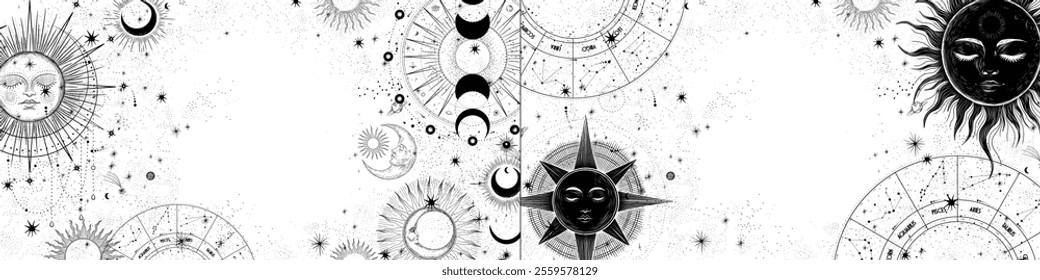 Vector illustration set of moon phases. Different stages of moonlight activity in vintage engraving style. Zodiac Signs	