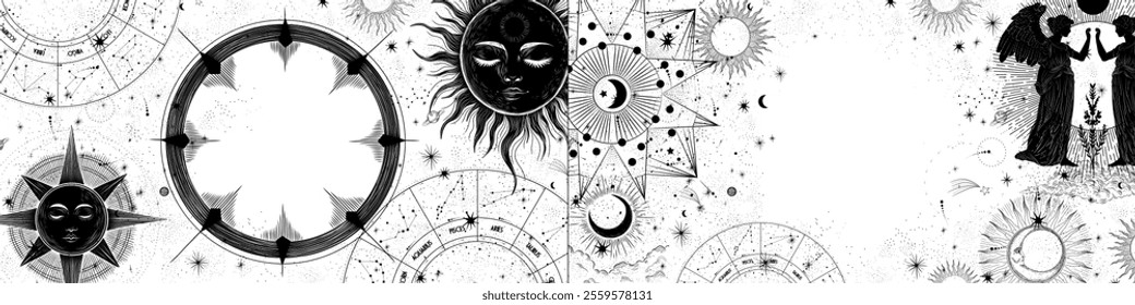 Vector illustration set of moon phases. Different stages of moonlight activity in vintage engraving style. Zodiac Signs	