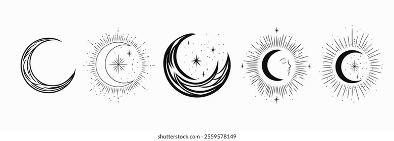 Vector illustration set of moon phases. Different stages of moonlight activity in vintage engraving style. Zodiac Signs	