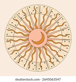 Vector illustration set of moon phases. Different stages of moonlight activity in vintage engraving style. Zodiac Signs	