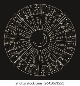 Vector illustration set of moon phases. Different stages of moonlight activity in vintage engraving style. Zodiac Signs	