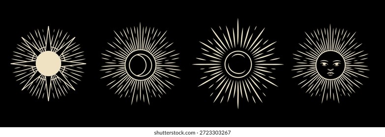 Conjunto de ilustrações vetoriais das fases da lua. Diferentes estágios de atividade luar no estilo de gravura vintage. Sinais do Zodíaco	
