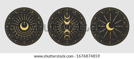 Vector illustration set of moon phases. Different stages of moonlight activity in vintage engraving style. Zodiac Signs