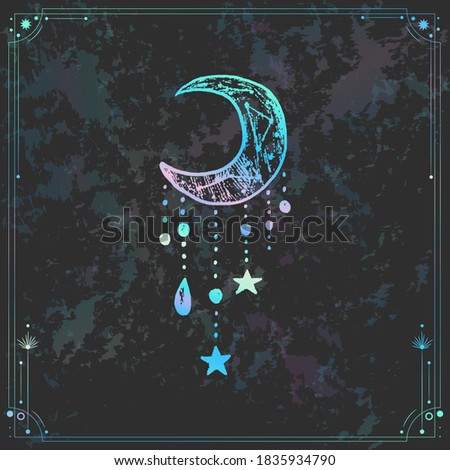 Vector illustration set of moon phases. New style, holographic background, trend shimmer. Different stages of moonlight activity in vintage engraving style.