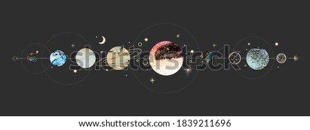 Vector illustration set of moon phases. Different stages of moonlight activity in vintage engraving style. Zodiac Signs