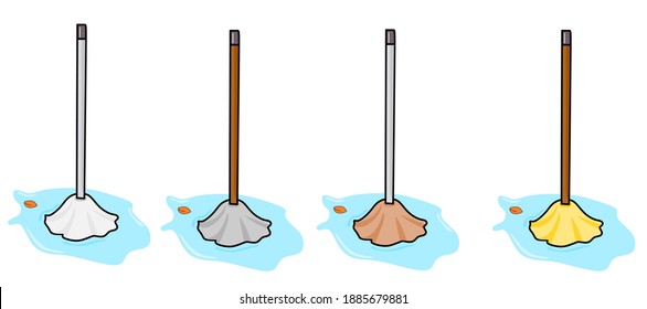 vector illustration set of a mop cleaning a wet floor