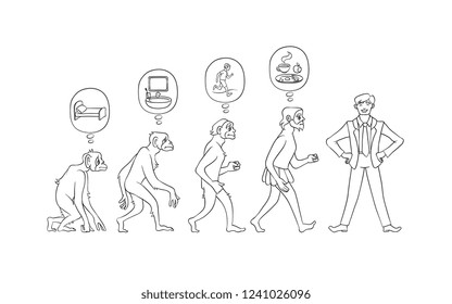 Vector illustration set of morning evolution of man from waking up in bed as monkey to self-collected person ready for effective work in hand drawn line black and white style isolated on white.