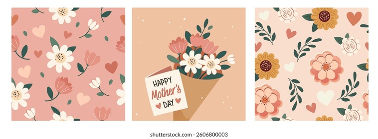 Vector illustration set  Mother's Day designs with floral seamless patterns, a bouquet of flowers, and a 'Happy Mother's Day' greeting, perfect for cards, posters, and holiday-themed projects