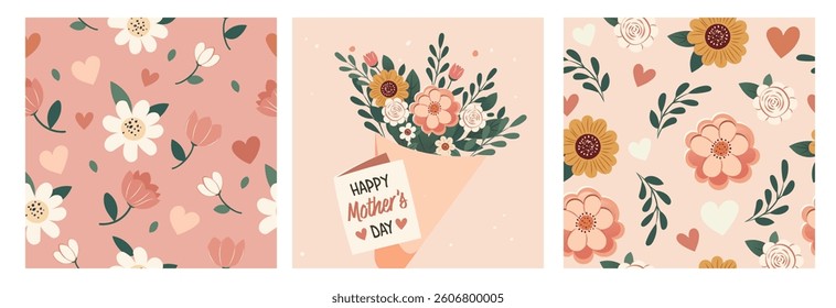 Vector illustration set  Mother's Day designs with floral seamless patterns, a bouquet of flowers, and a 'Happy Mother's Day' greeting, perfect for cards, posters, and holiday-themed projects